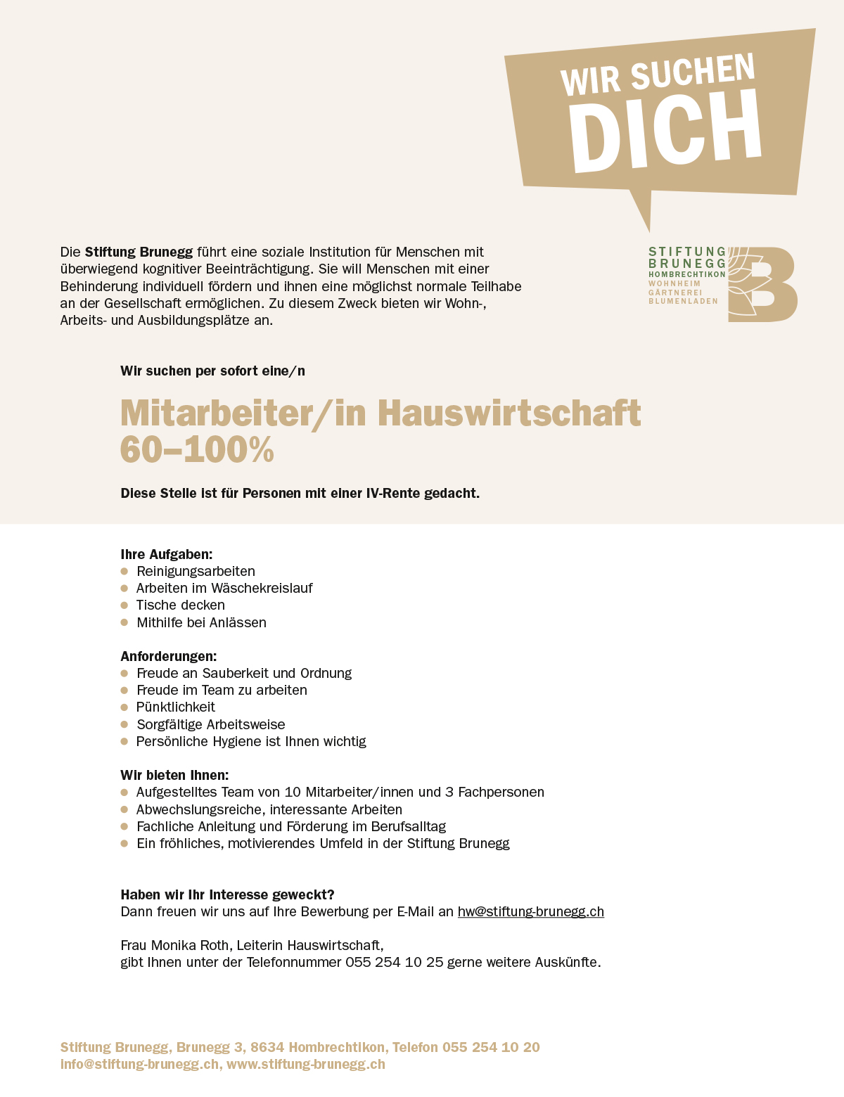 Mitarbeiter/in Hauswirtschaft 60-100%